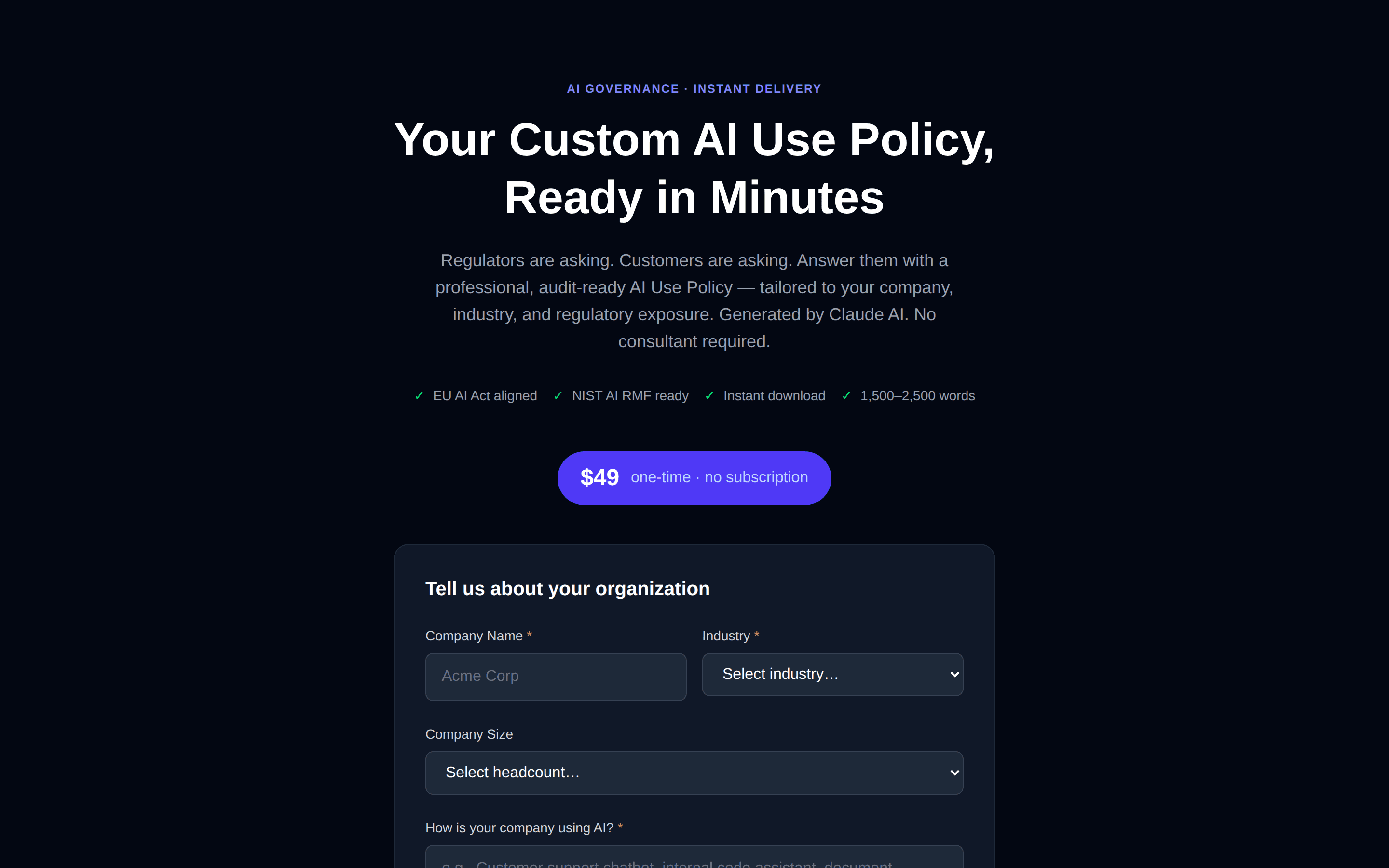 AI Policy Generator landing page — custom AI use policy in minutes