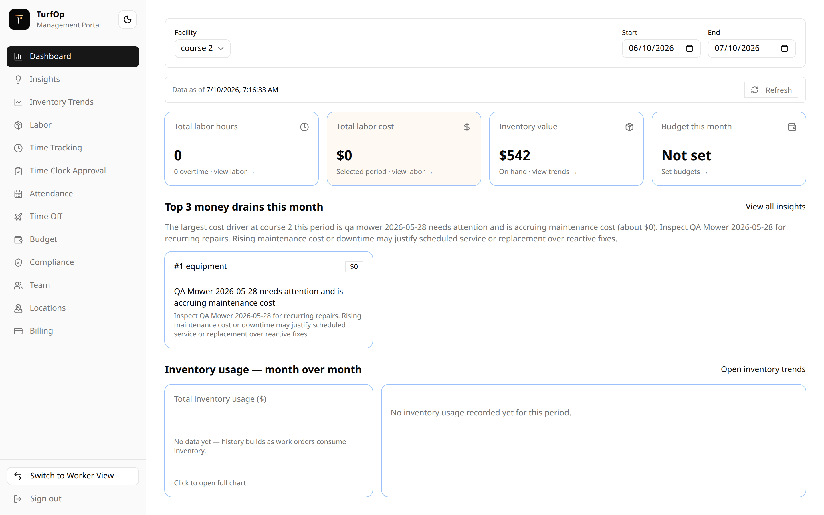 TurfOp management dashboard showing labor, inventory, and budget insights